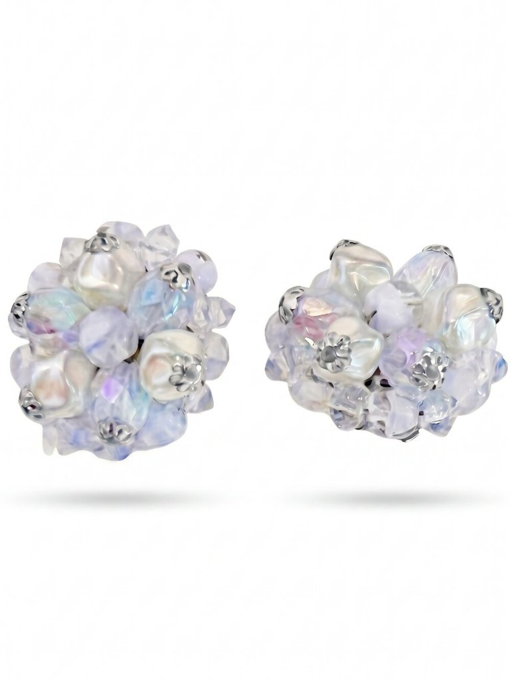 West Germany Blue Crystal Cluster Clip On Earrings Vintage Aurora Borealis 1.5"